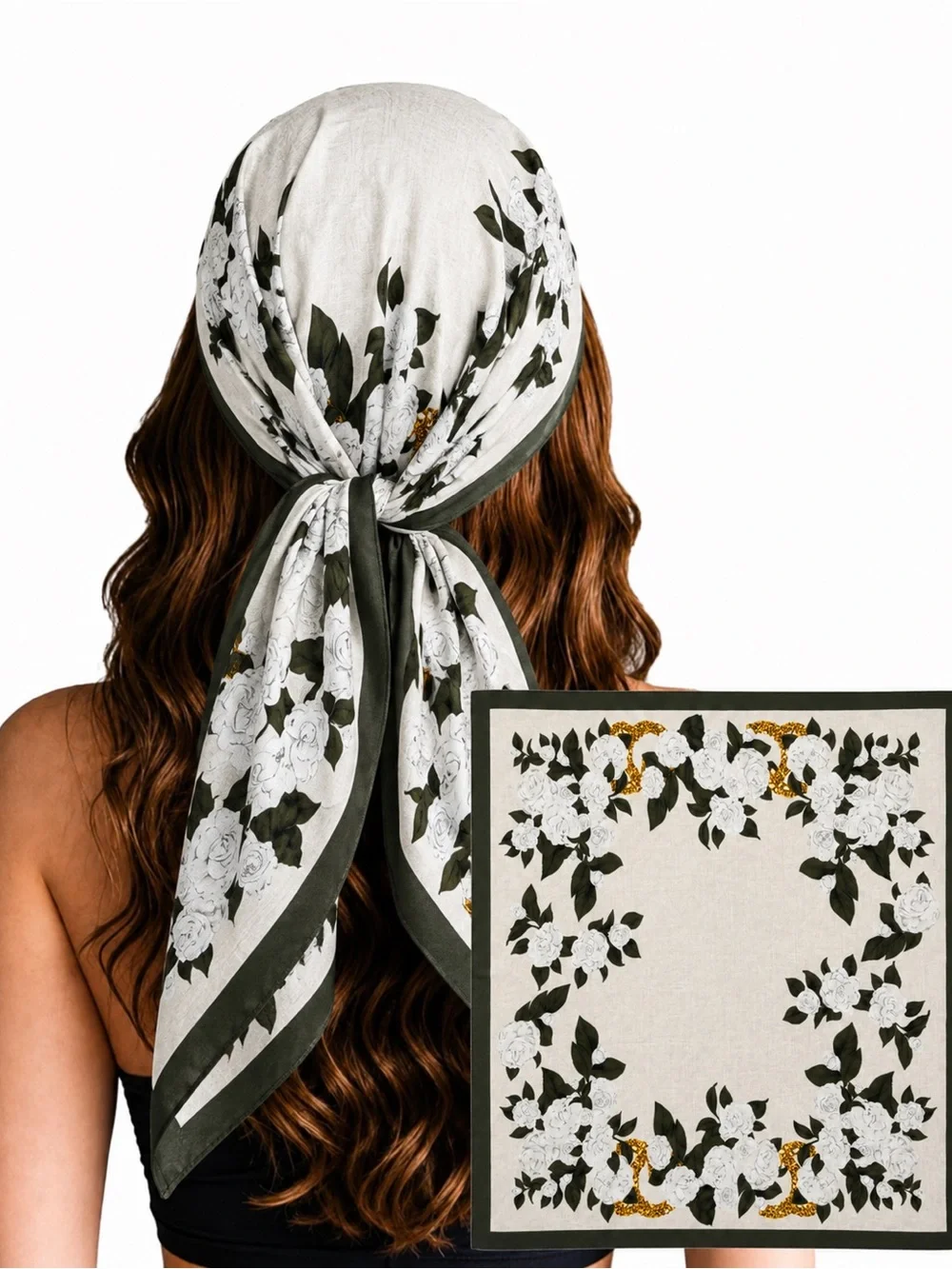 Floral Border cotton blend Headscarf in Olive & Cream